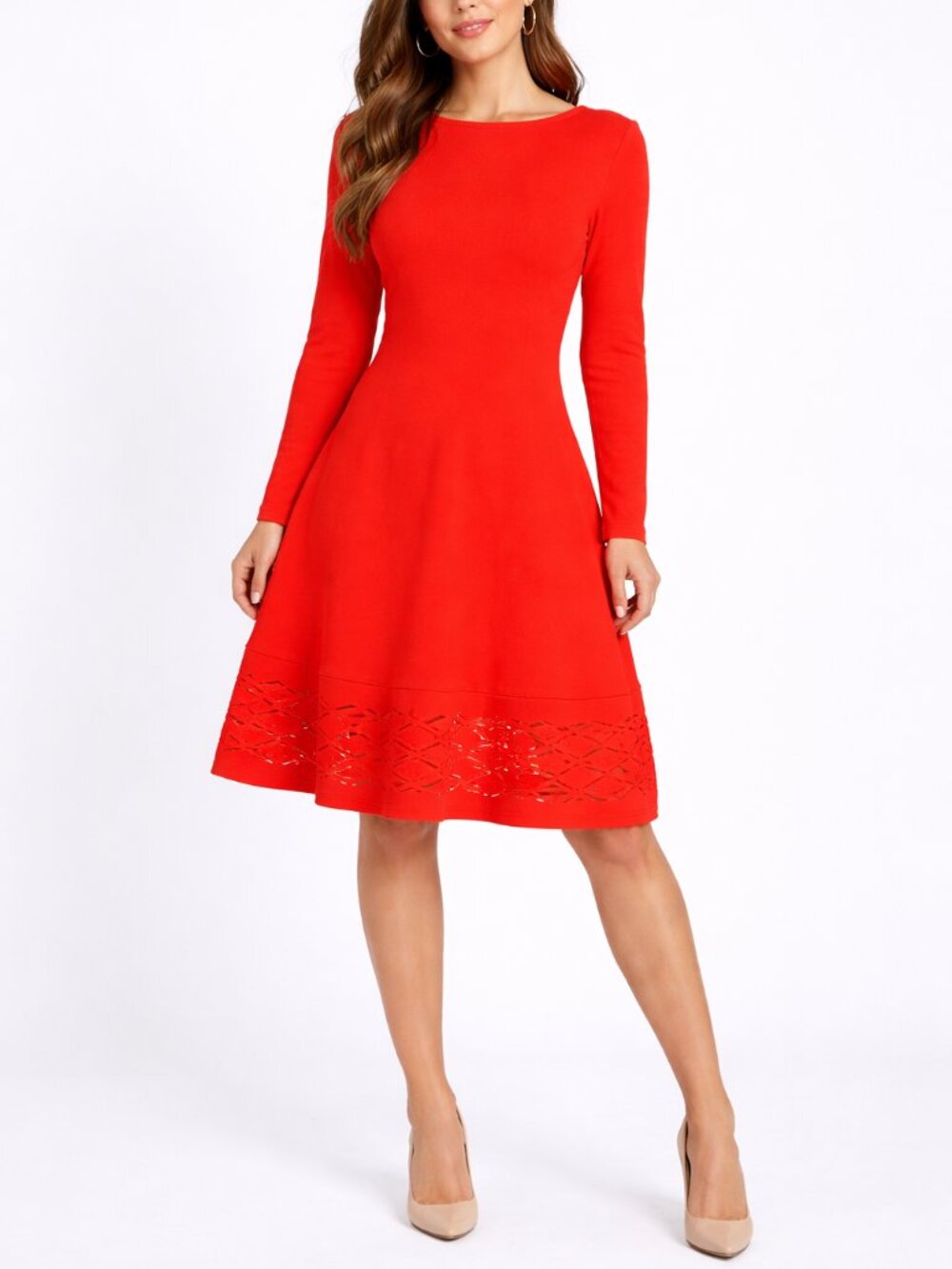 LELA ROSE Laser Cut Hem Knit Dress size Small Red Orange Scallop Hem